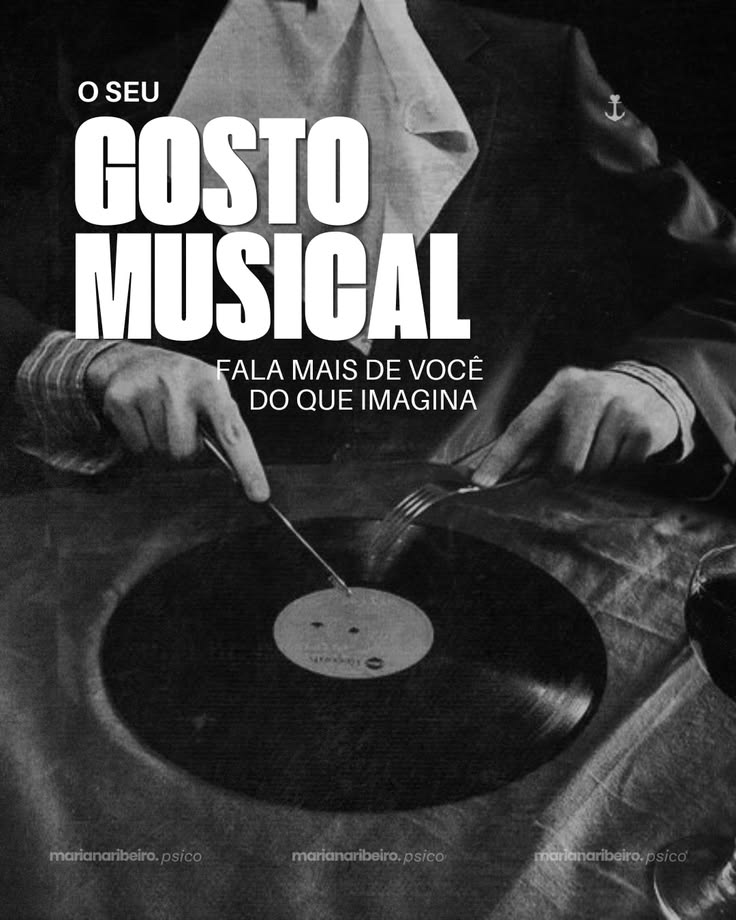 Pôster tipográfico em preto e branco com disco de vinil, ilustrando o projeto de comunicação do Festival Ondas.