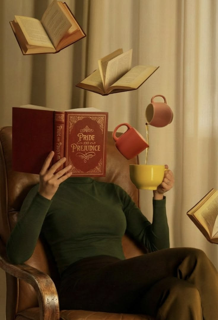 Composição com livros e xícaras flutuando, representando o kit de templates do Clube Bora Ler.