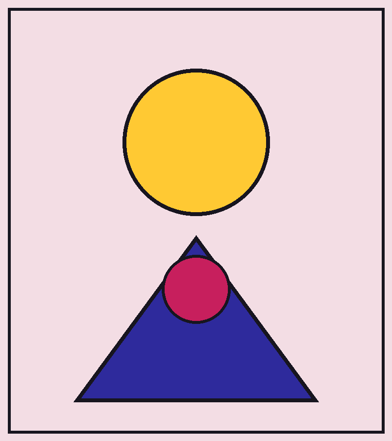 Ilustração geométrica de Bia Ferraz, fundadora do Traço Vivo: um círculo amarelo sobre um triângulo indigo com um pequeno círculo magenta, em fundo rosa claro.